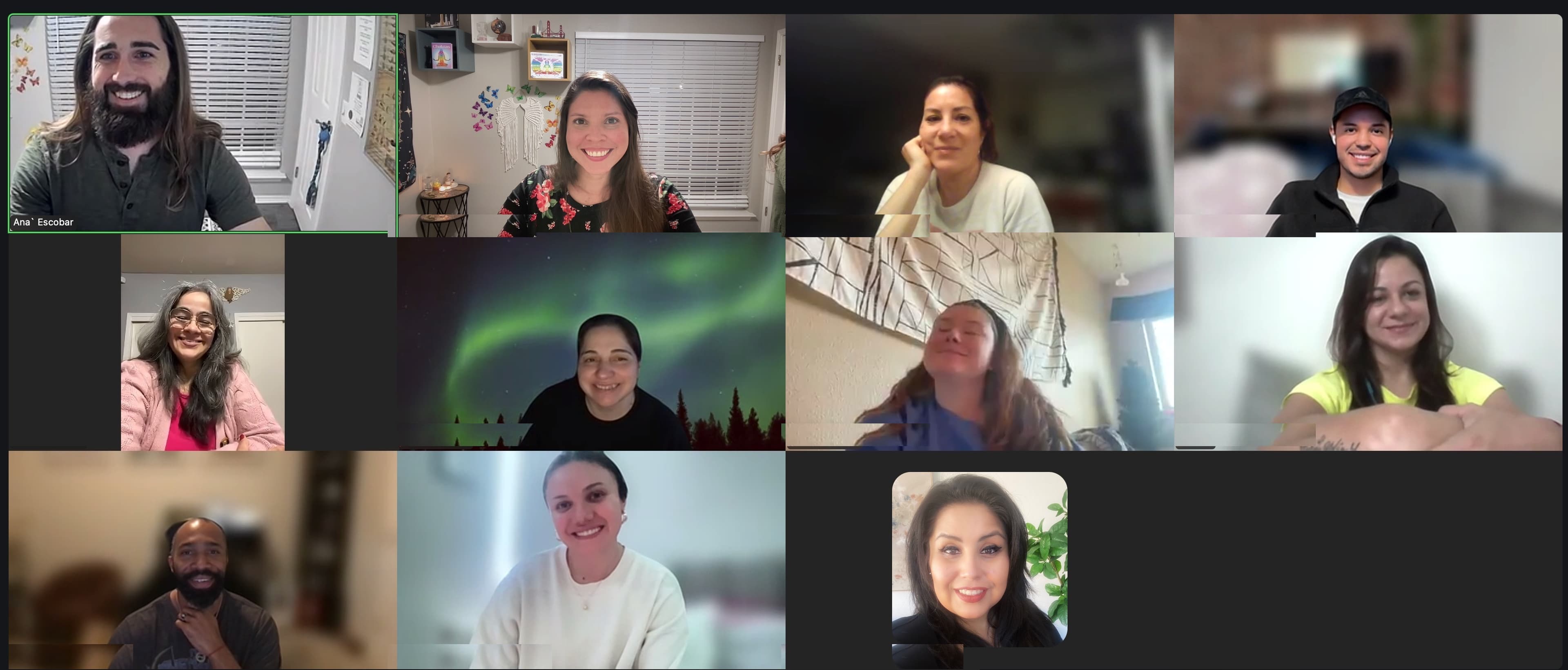 Course participants smiling together on a group video call with Ana